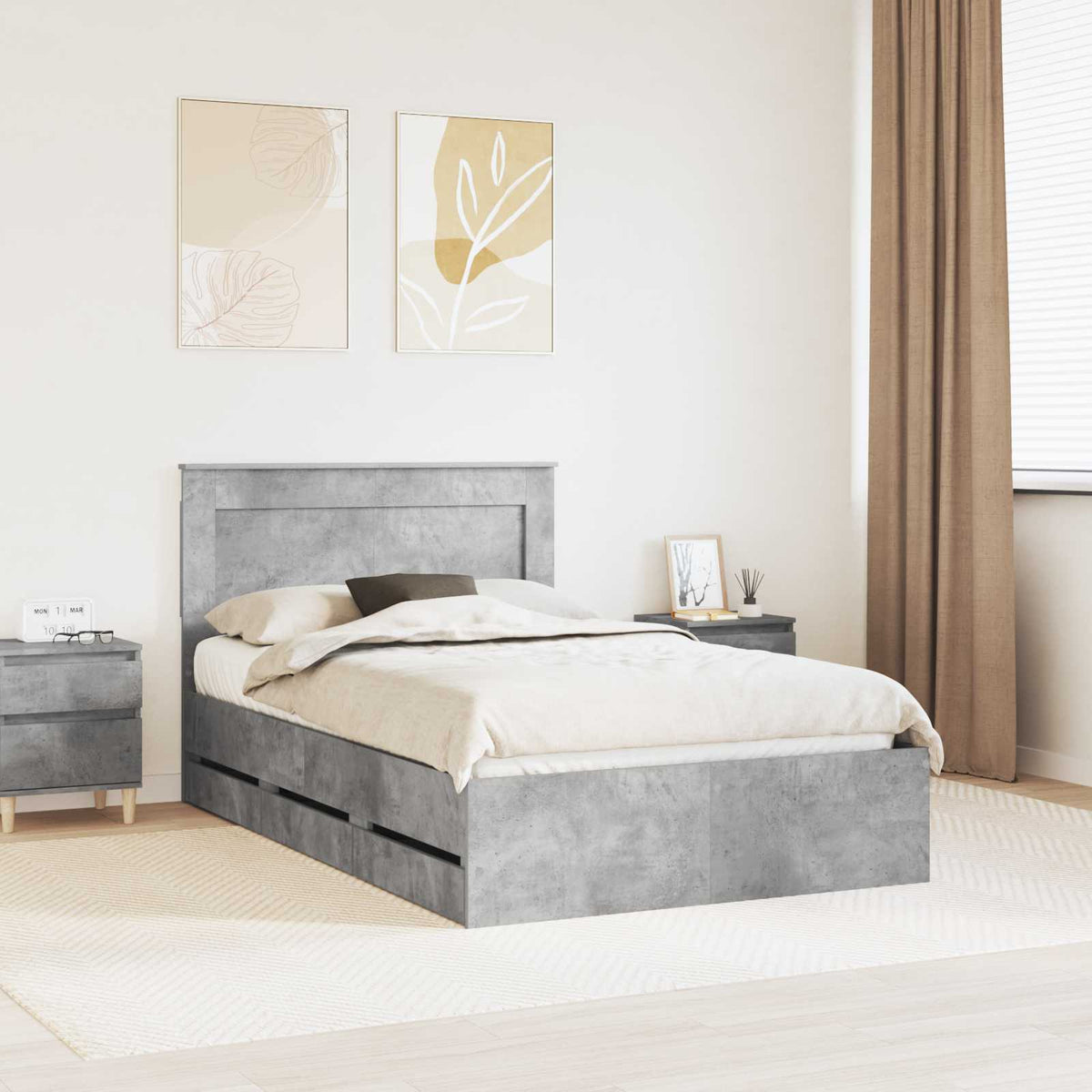 Bed Frame with Drawer Engineer Wood Length 190 cm Concrete grey 135 cm