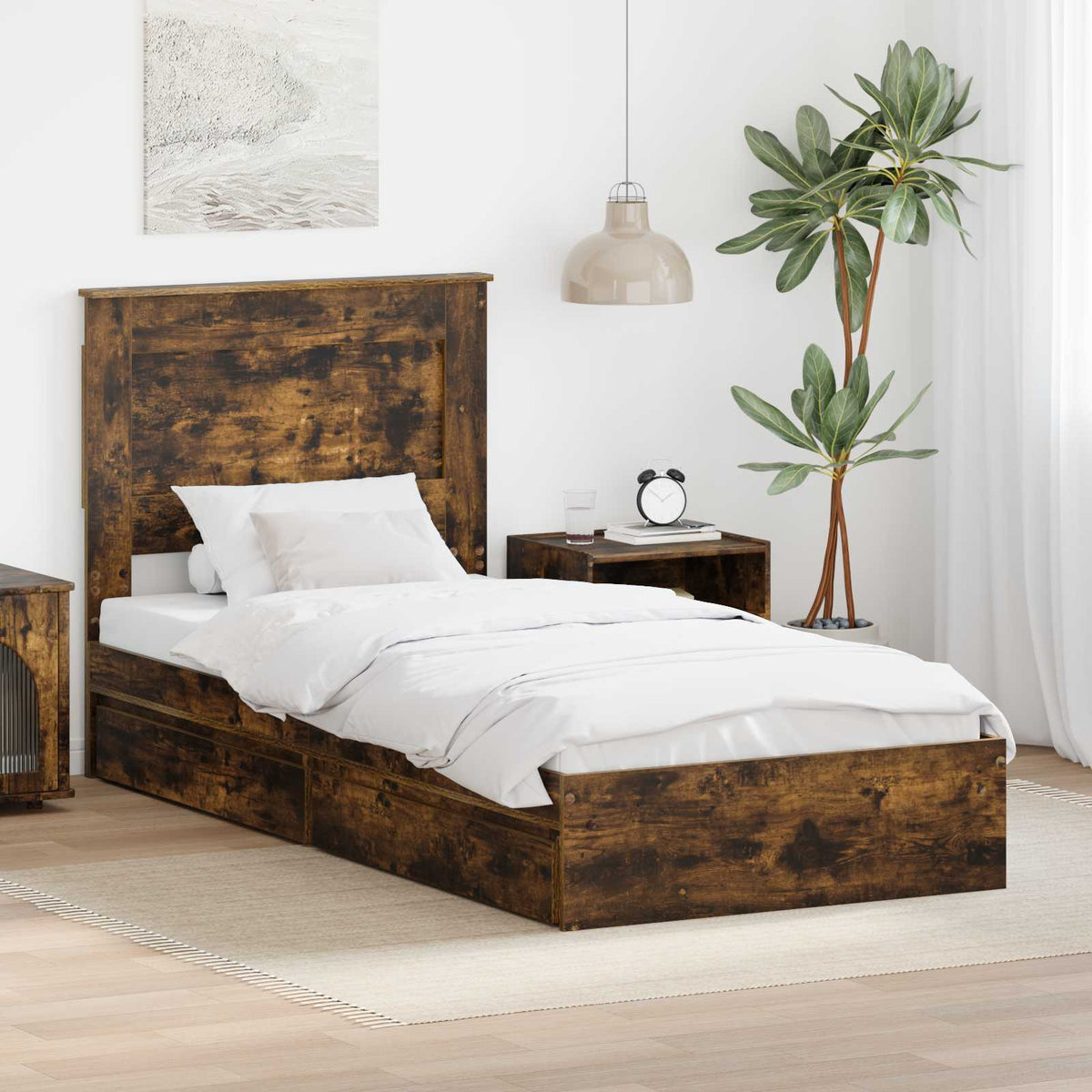 Storage Bed with Drawer Engineered Wood Length 200 cm Smoked oak 90 cm