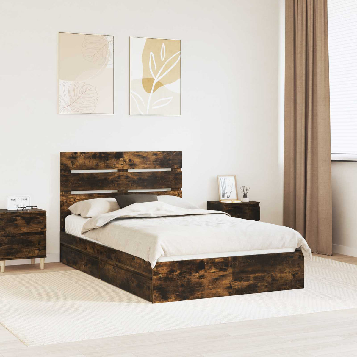 Storage Bed with Drawer Engineered Wood Length 190 cm Smoked oak 135 cm