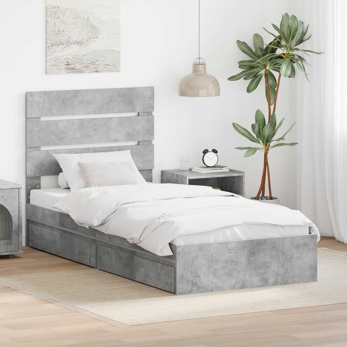 Storage Bed with Drawer Engineered Wood Length 190 cm Concrete grey 90 cm