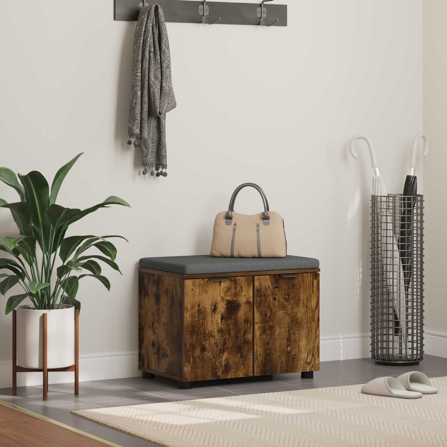 vidaXL Hall Bench with Cushion with Shelf Smoked Oak 60 x 38 x 46 cm 1