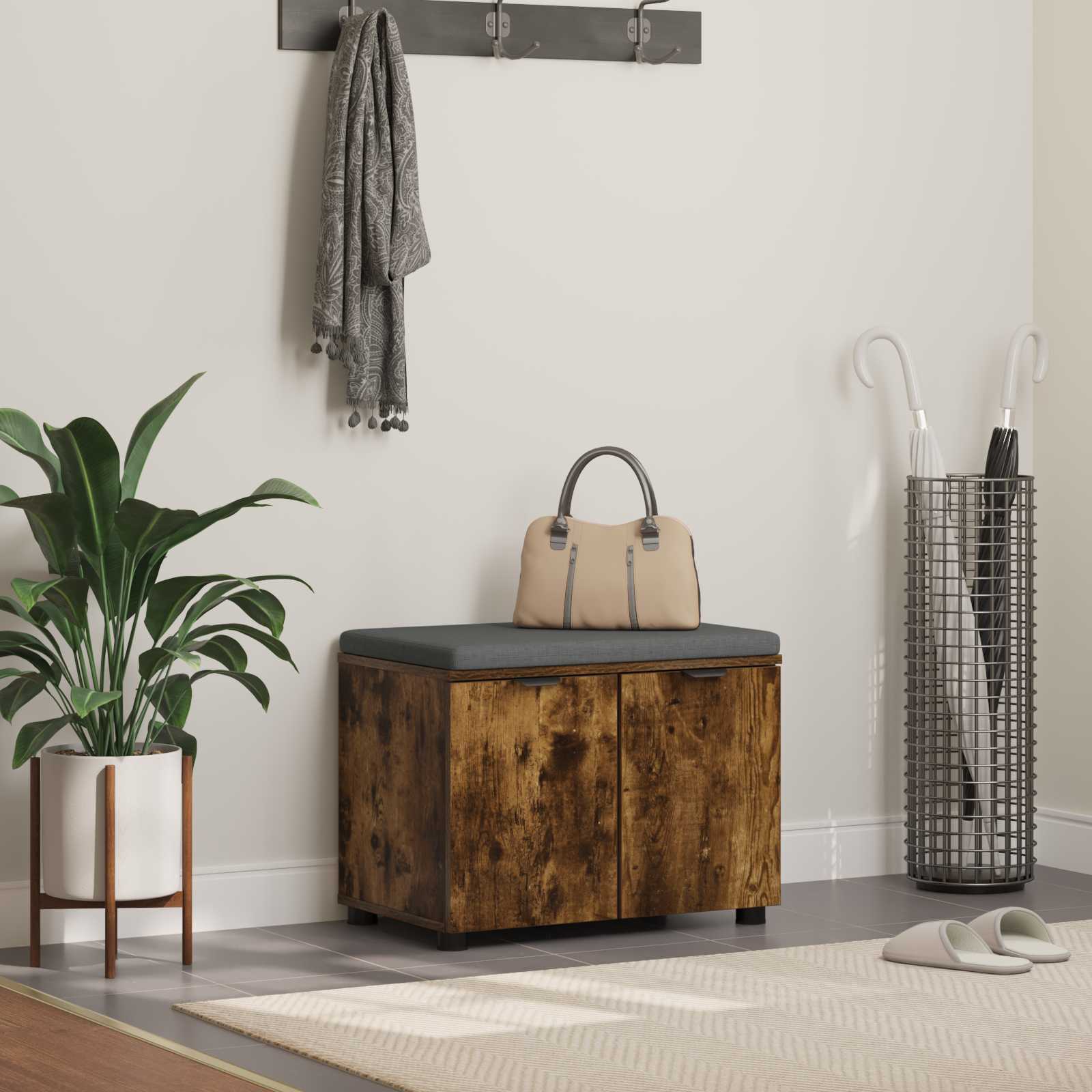 vidaXL Hall Bench with Cushion with Shelf Smoked Oak 60 x 38 x 46 cm 1