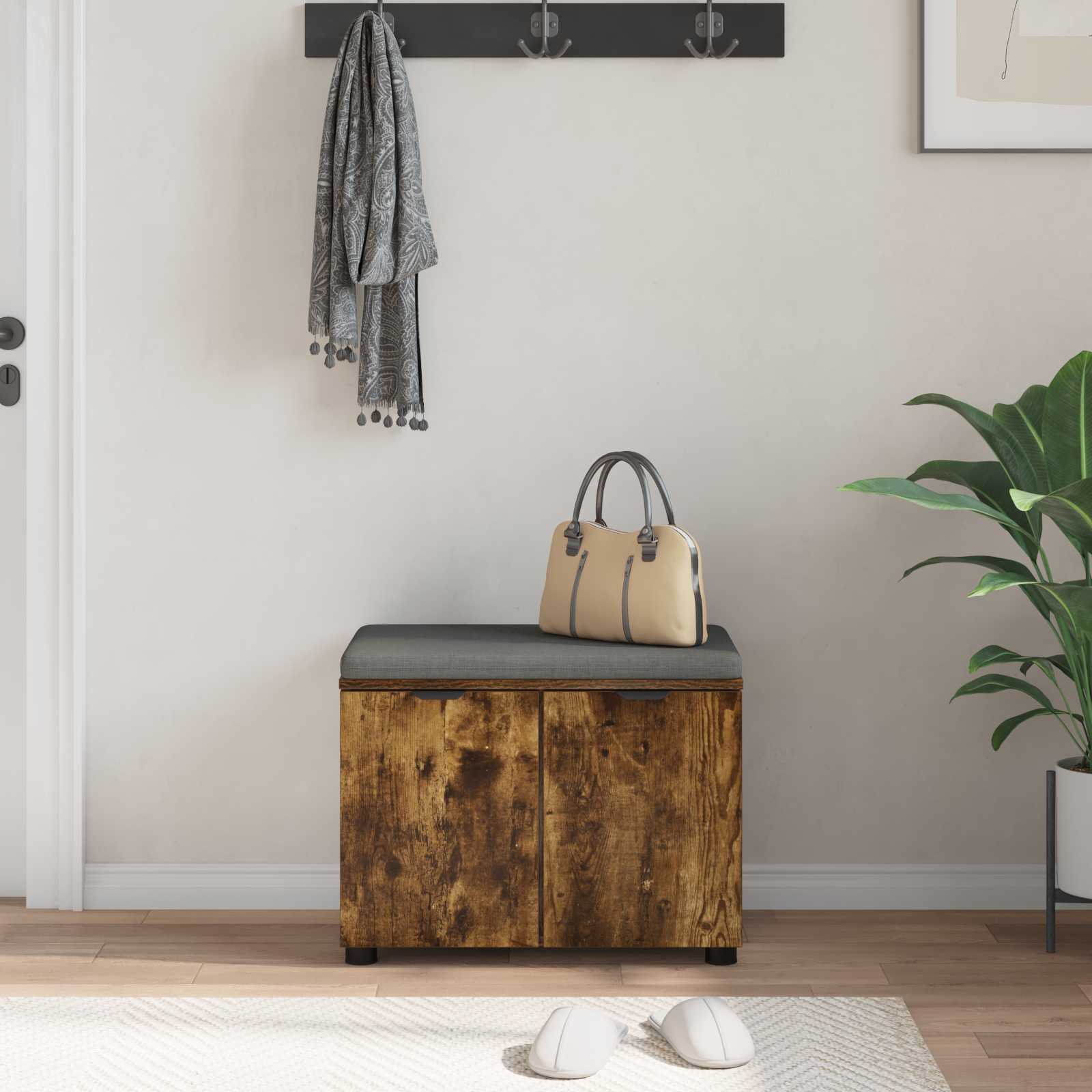 vidaXL Hall Bench with Cushion with Shelf Smoked Oak 60 x 38 x 46 cm 4