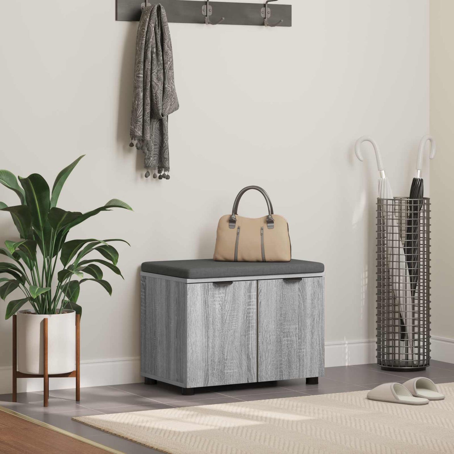 vidaXL Hall Bench with Cushion with Shelf Grey Sonoma 60 x 38 x 46 cm 1