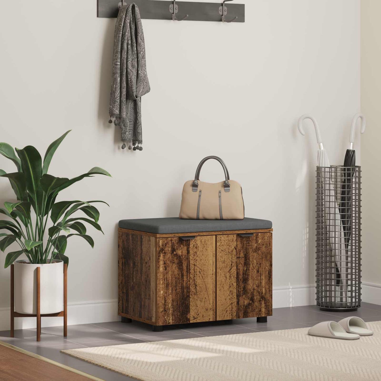 vidaXL Hall Bench Old Wood 60 x 38 x 46 cm Engineered Wood and Fabric 1