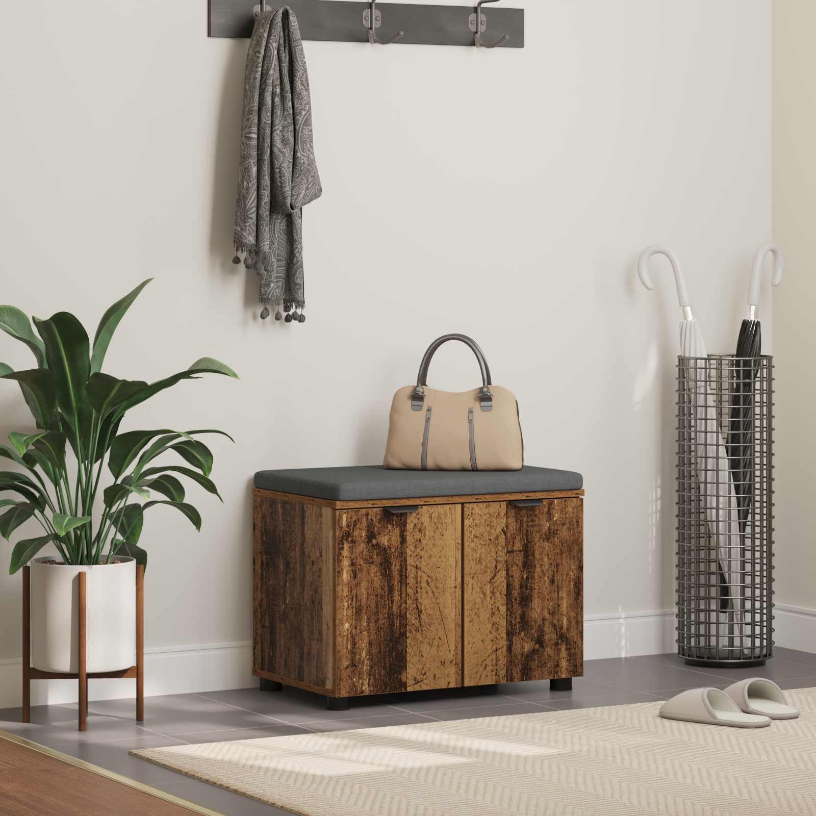 vidaXL Hall Bench Old Wood 60 x 38 x 46 cm Engineered Wood and Fabric 1