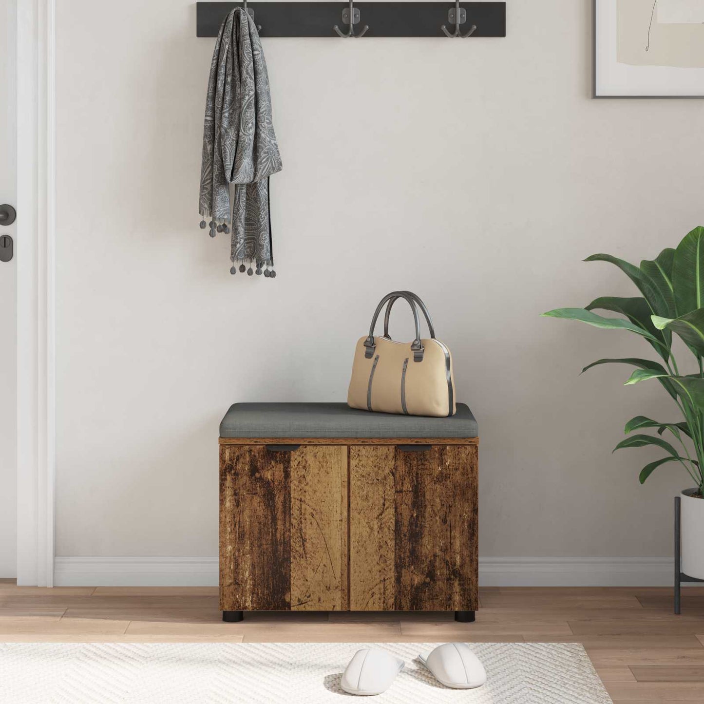 vidaXL Hall Bench Old Wood 60 x 38 x 46 cm Engineered Wood and Fabric 4