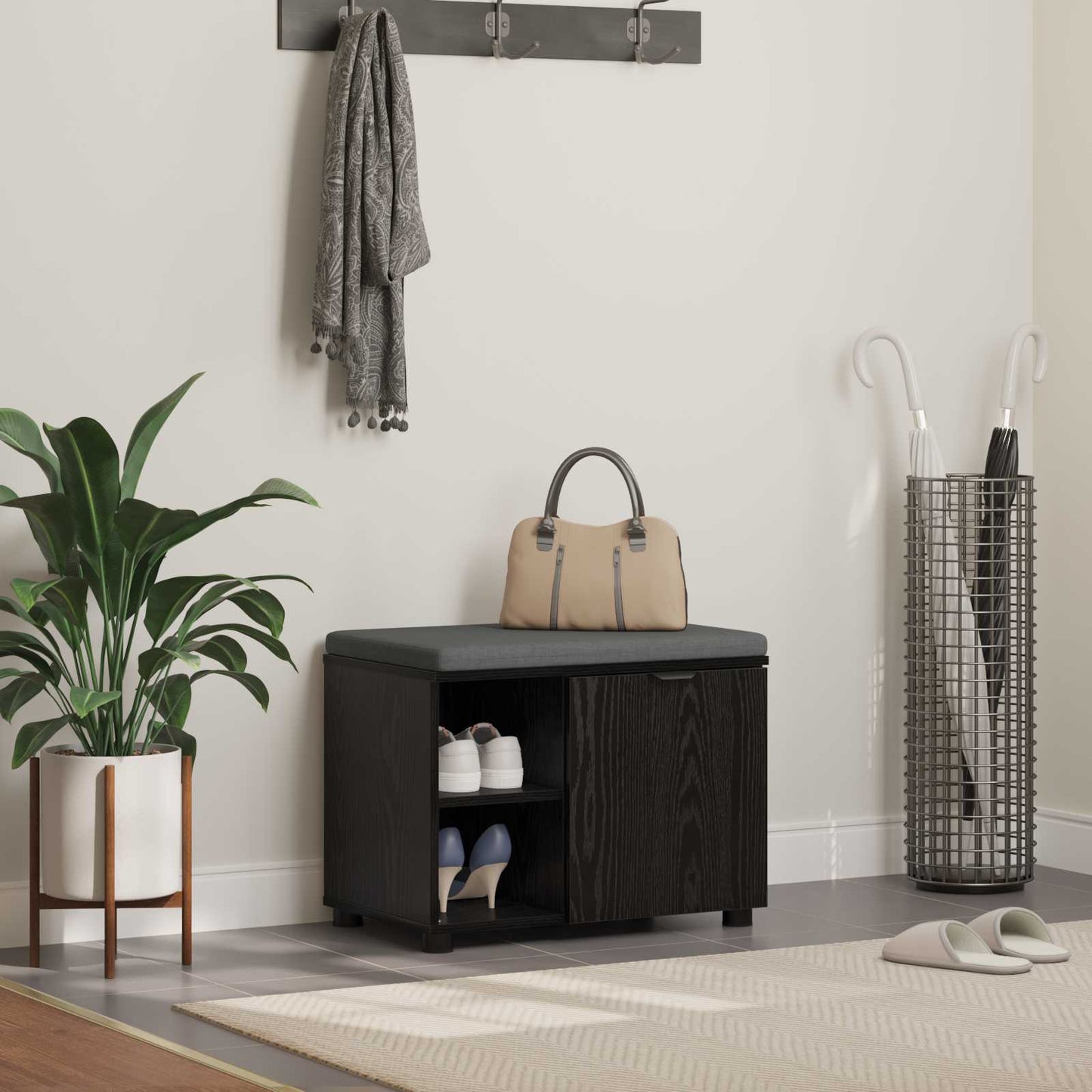 vidaXL Hall Bench Black Oak 60 x 38 x 46 cm Engineered Wood and Fabric 1