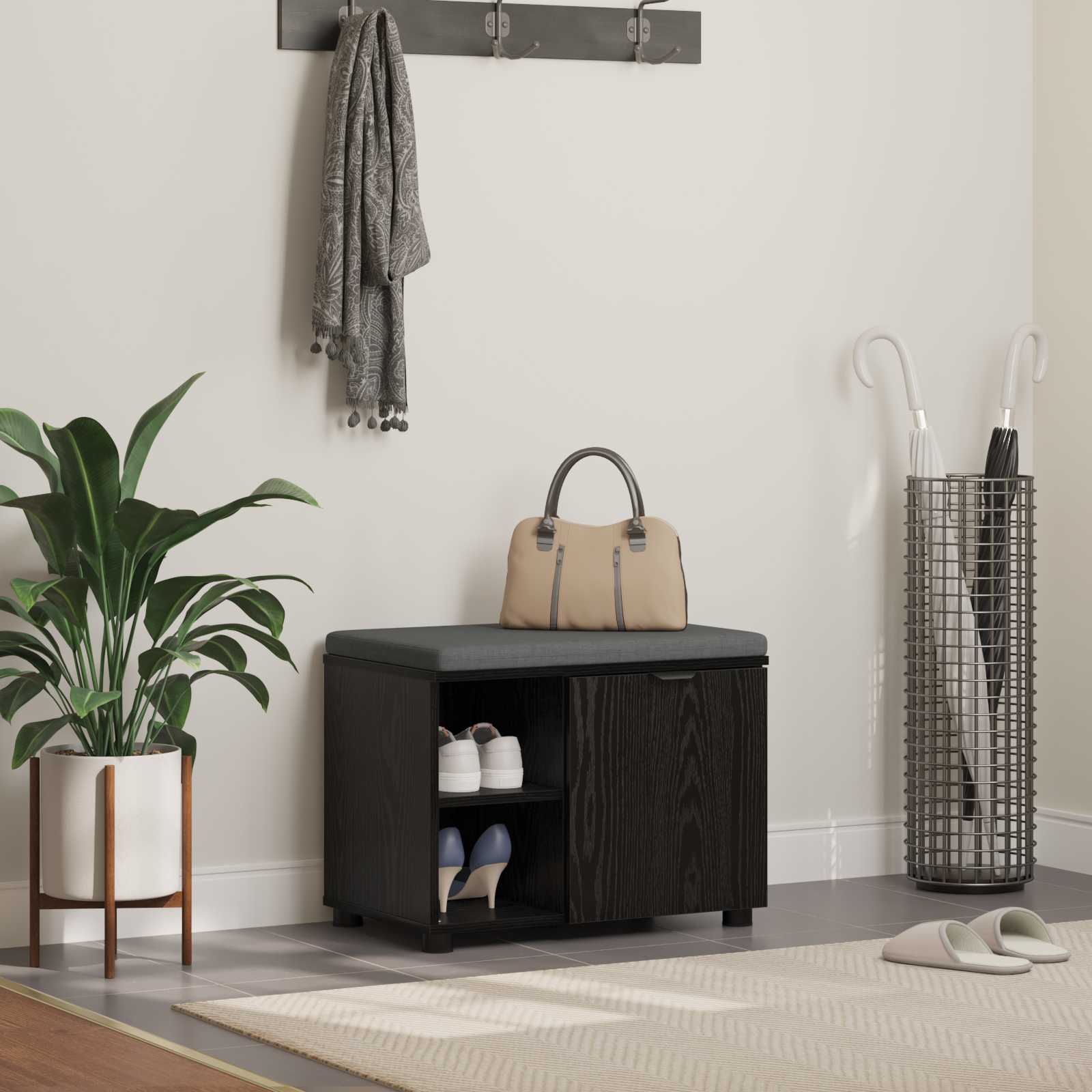 vidaXL Hall Bench Black Oak 60 x 38 x 46 cm Engineered Wood and Fabric 1