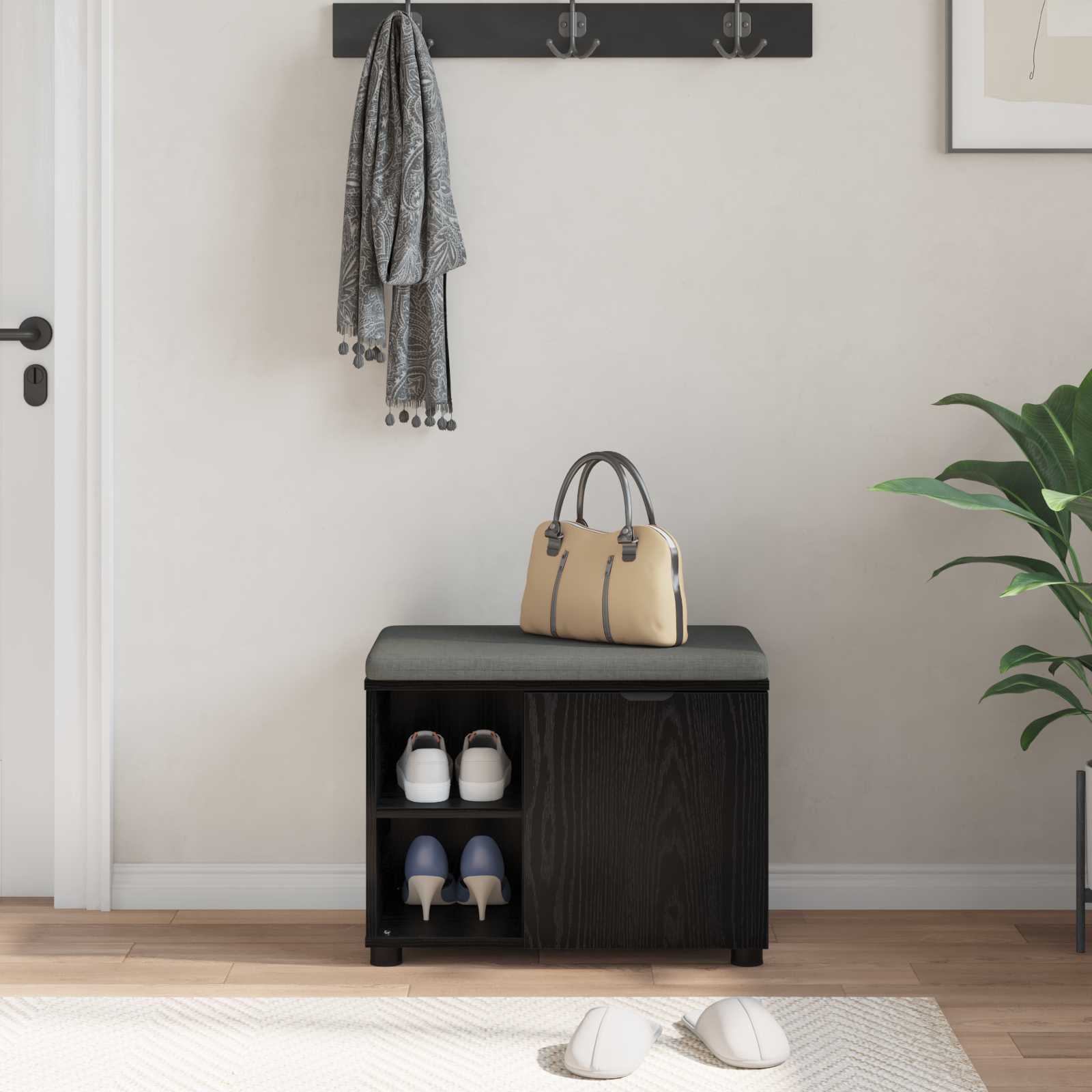 vidaXL Hall Bench Black Oak 60 x 38 x 46 cm Engineered Wood and Fabric 4