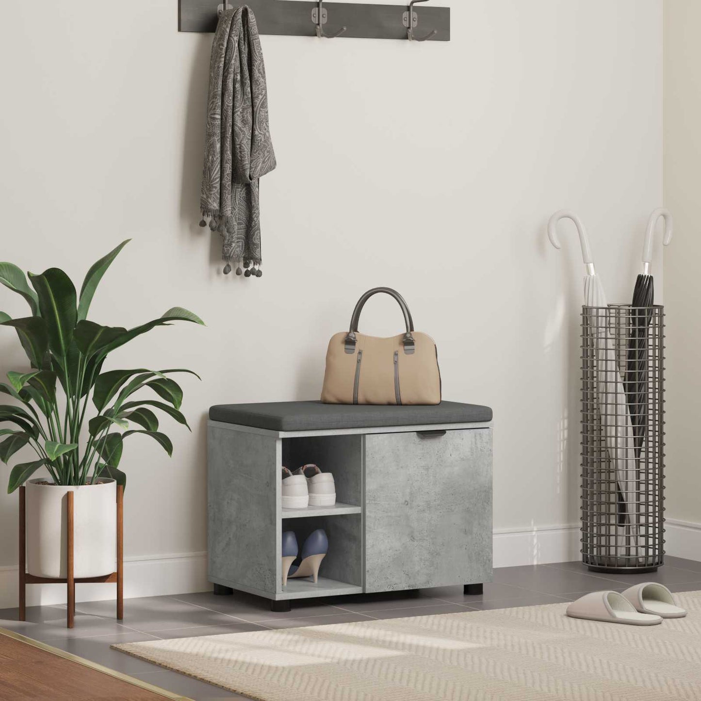 vidaXL Hall Bench with Cushion with Door Concrete Grey 60 x 38 x 46 cm 1