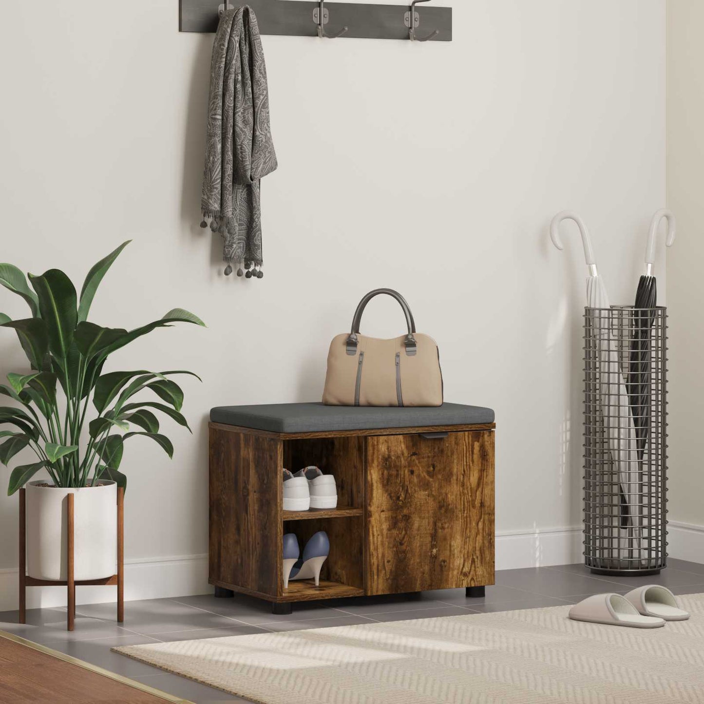 vidaXL Hall Bench with Cushion with Shelf Smoked Oak 60 x 38 x 46 cm 1