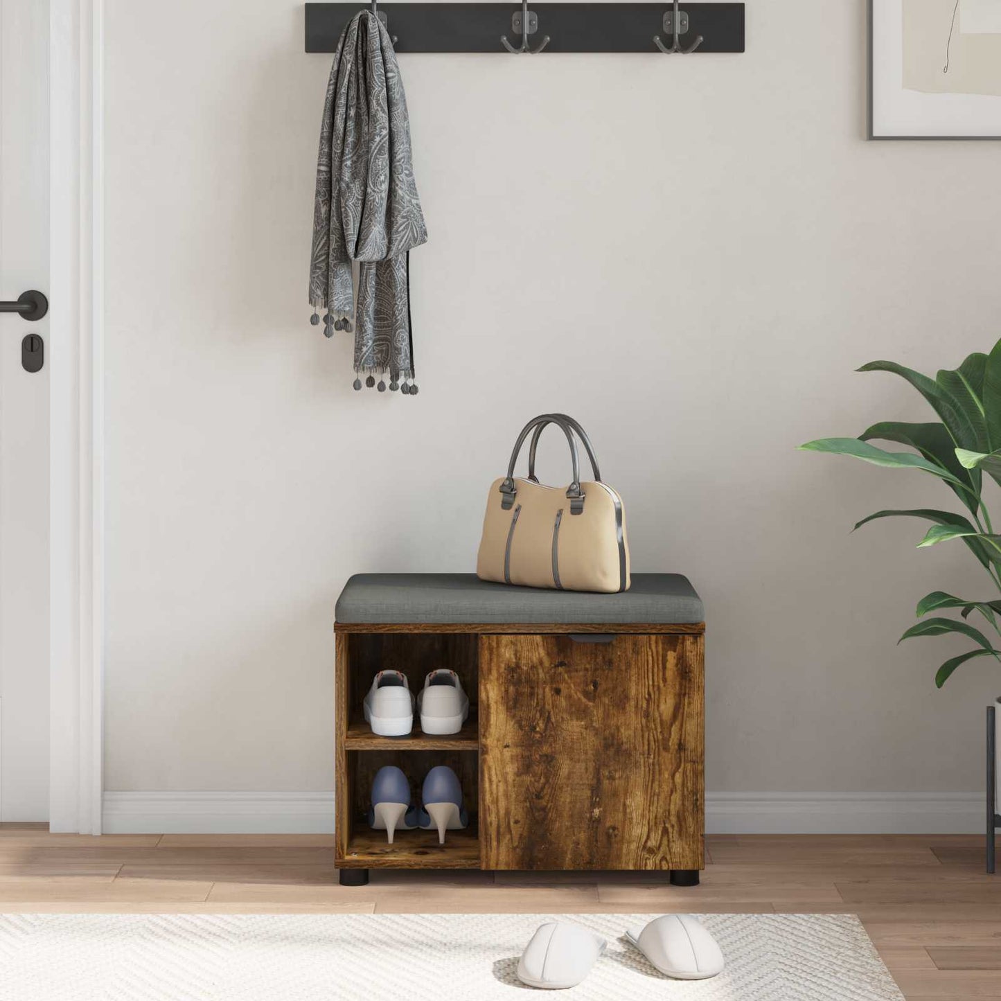 vidaXL Hall Bench with Cushion with Shelf Smoked Oak 60 x 38 x 46 cm 4