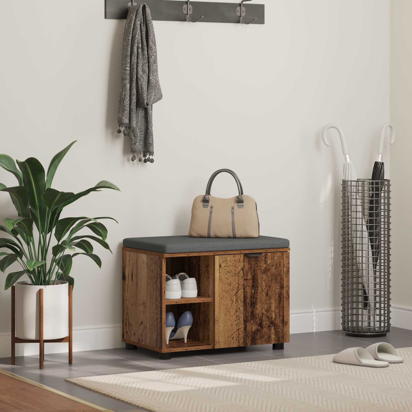 vidaXL Hall Bench Old Wood 60 x 38 x 46 cm Engineered Wood and Fabric 1