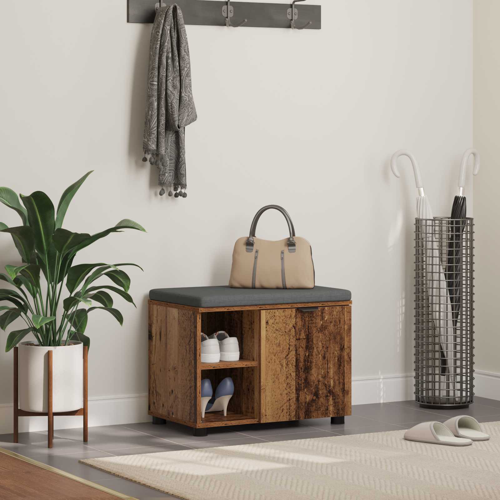 vidaXL Hall Bench Old Wood 60 x 38 x 46 cm Engineered Wood and Fabric 1