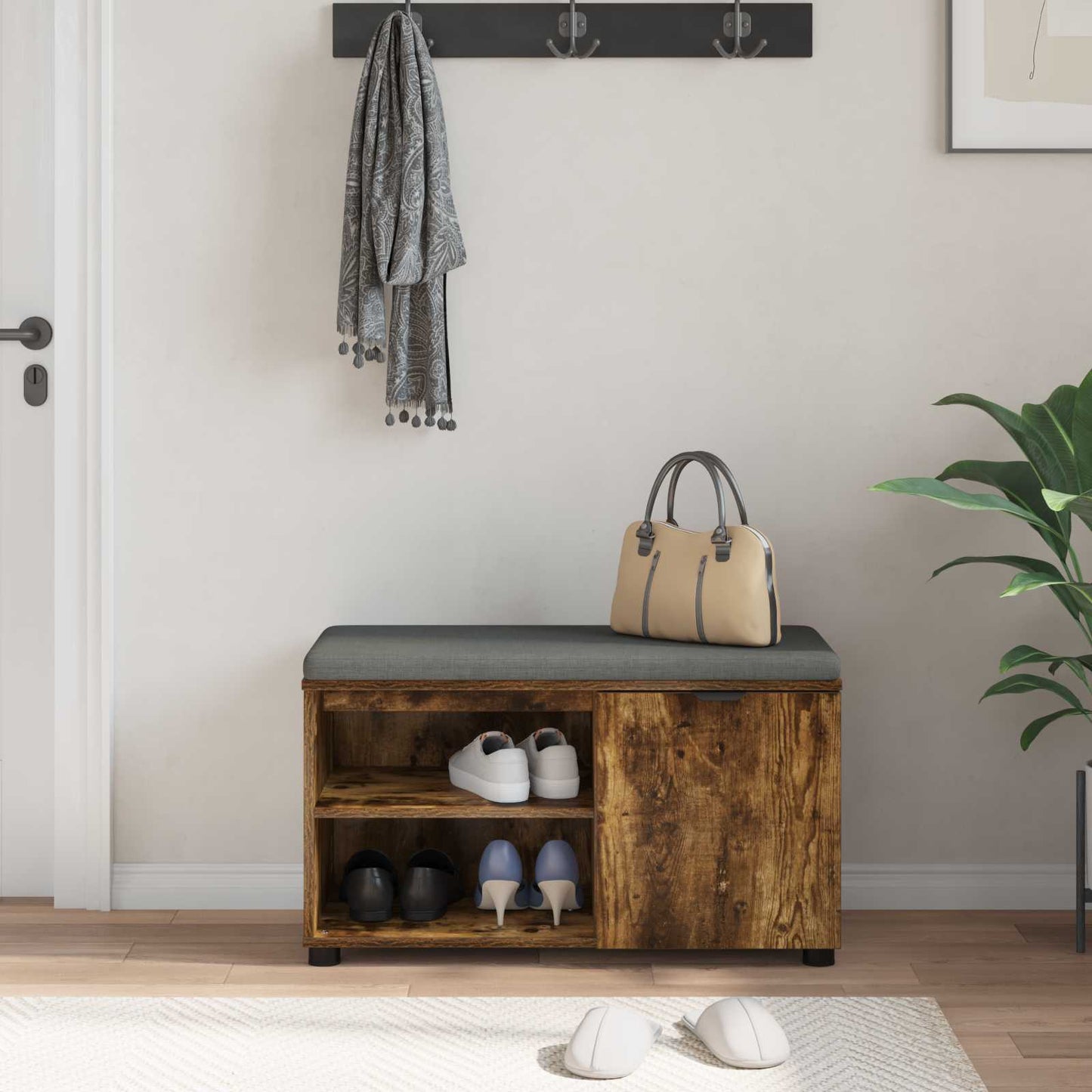 vidaXL Hall Bench with Cushion with Shelf Smoked Oak 80 x 38 x 46 cm 4