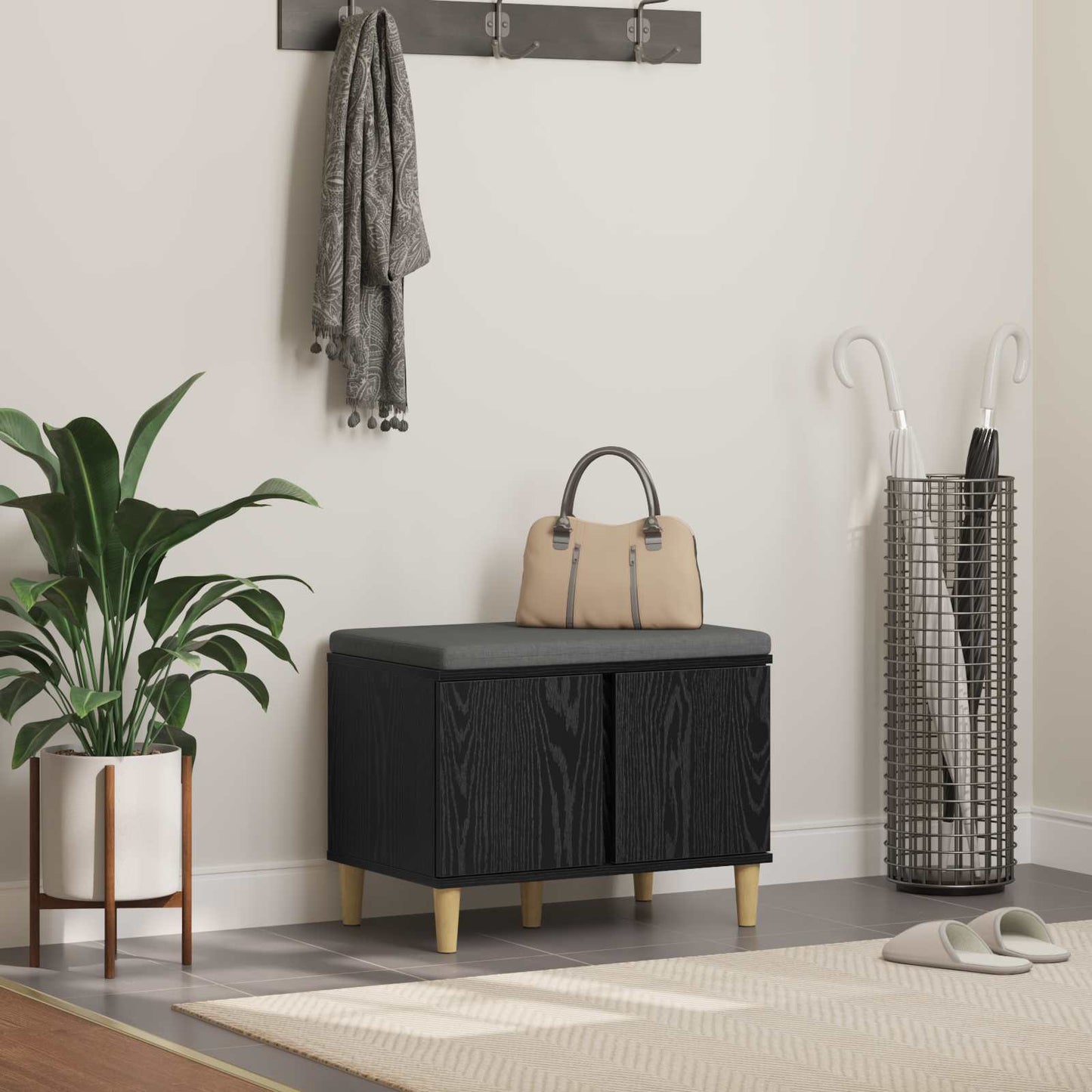 vidaXL Hall Bench Black Oak 60 x 38 x 46 cm Engineered Wood and Fabric 1