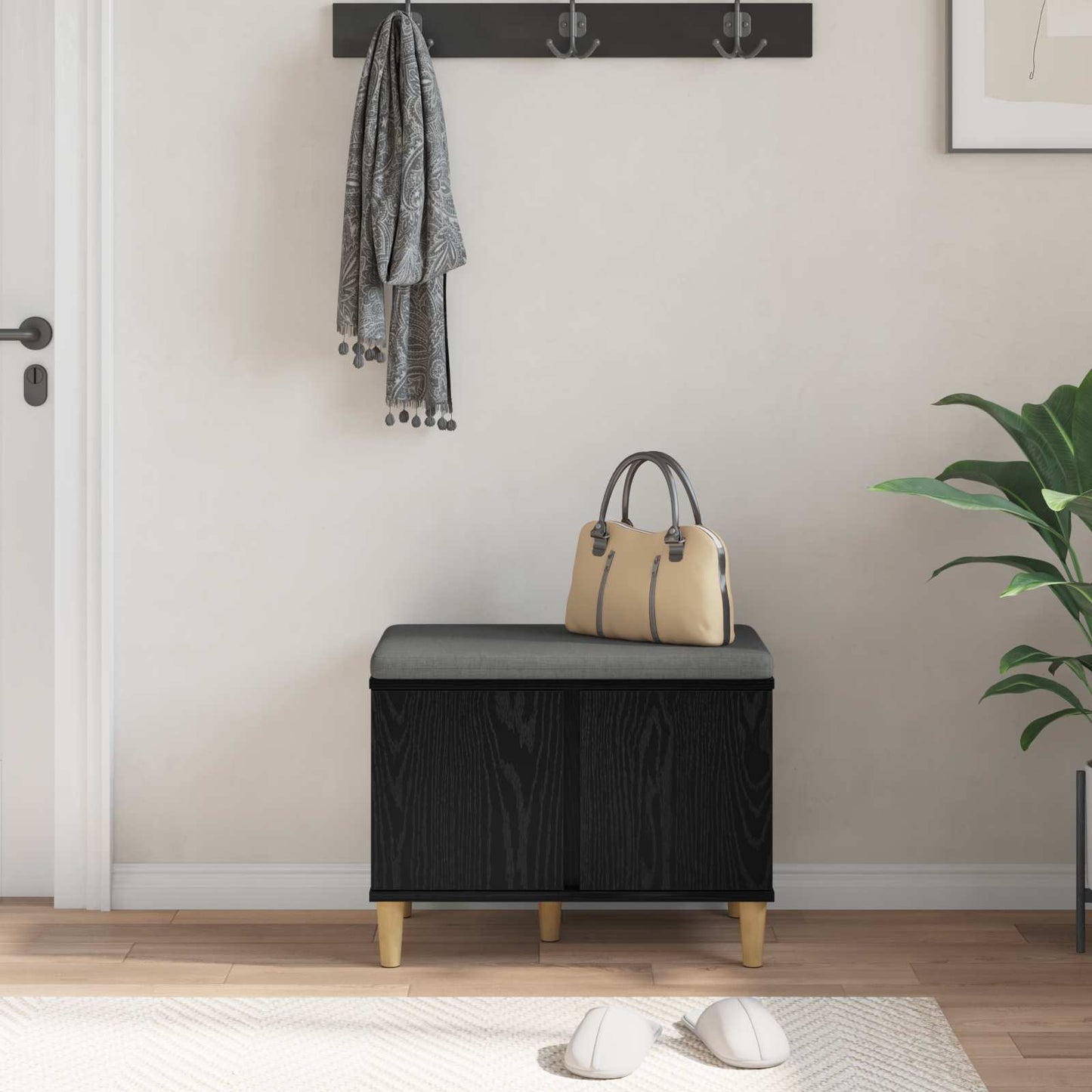 vidaXL Hall Bench Black Oak 60 x 38 x 46 cm Engineered Wood and Fabric 4