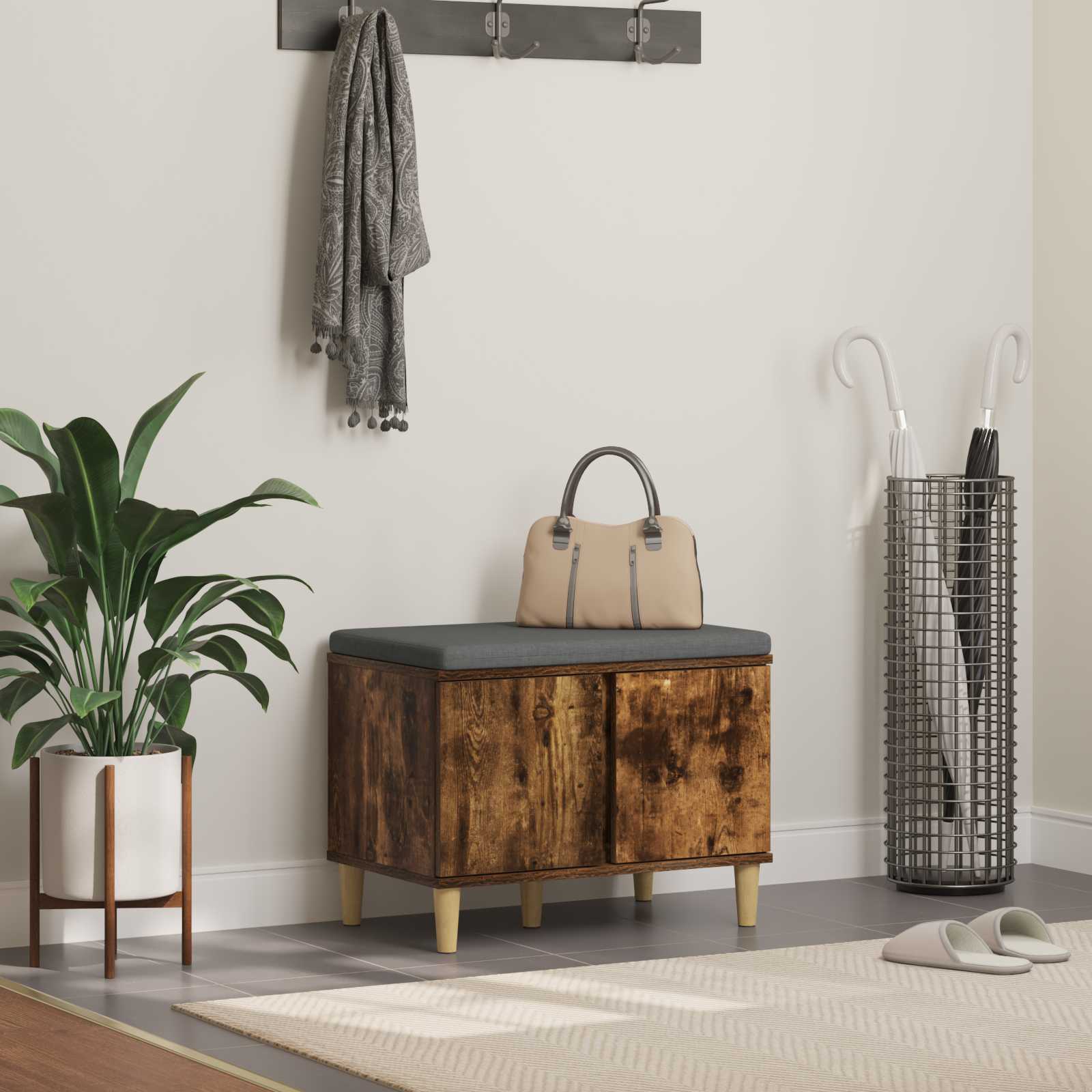 vidaXL Hall Bench with Cushion with Storage Smoked Oak 60 x 38 x 46 cm 1