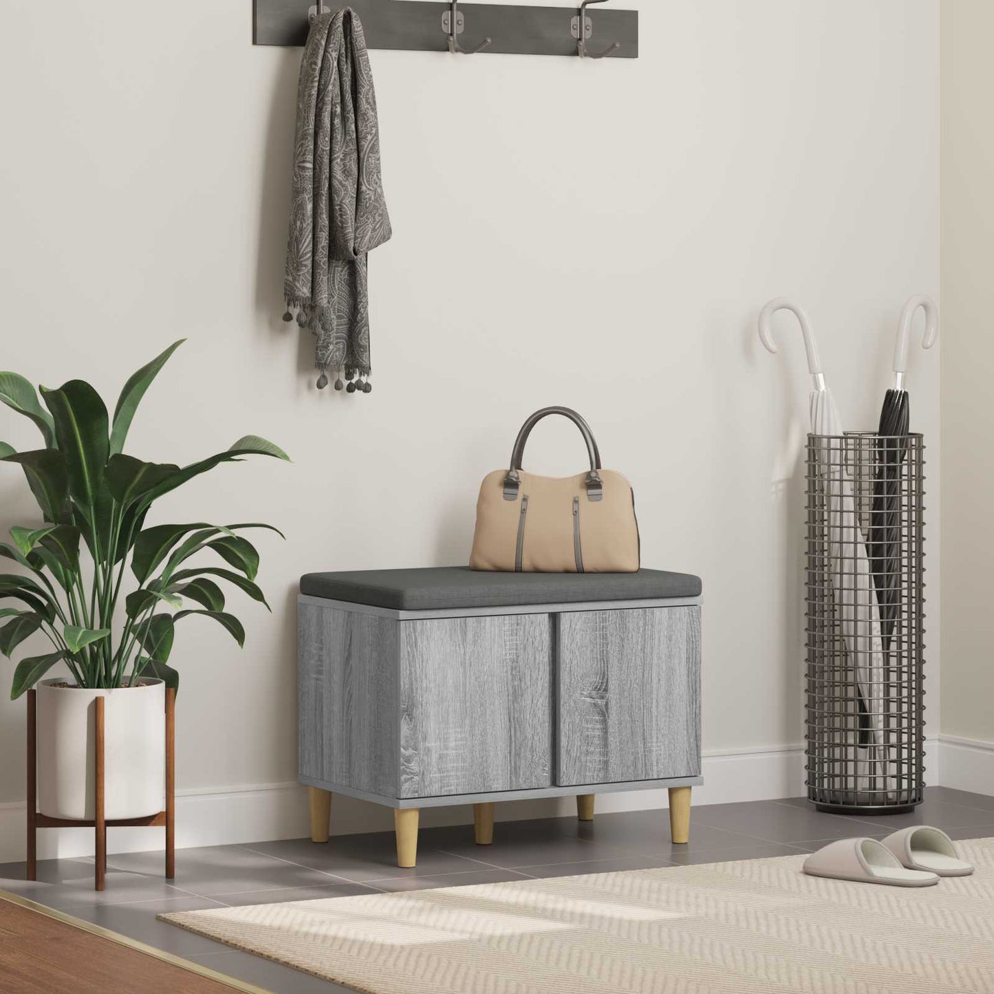 vidaXL Hall Bench with Cushion with Door Grey Sonoma 60 x 38 x 46 cm 1