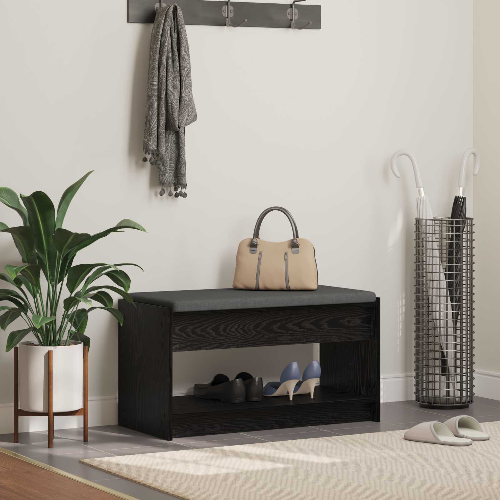vidaXL Hall Bench Black Oak 83 x 38 x 45 cm Engineered Wood and Fabric 1