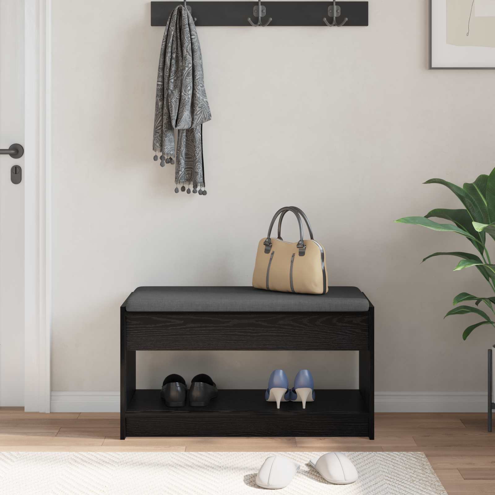 vidaXL Hall Bench Black Oak 83 x 38 x 45 cm Engineered Wood and Fabric 4