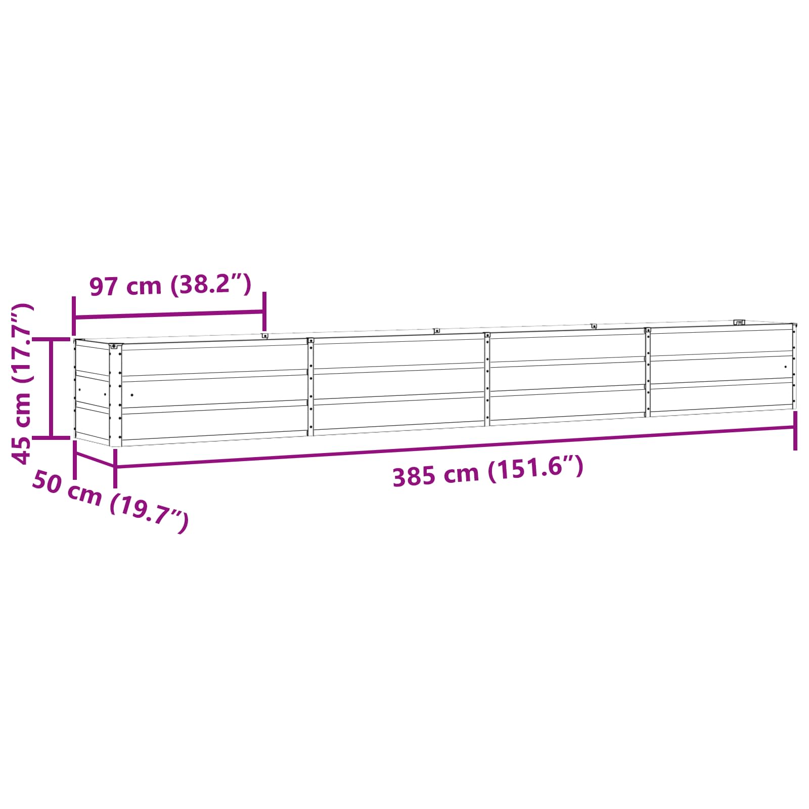 vidaXL Planter Light Grey 385 x 50 x 45 cm Galvanised Steel 6