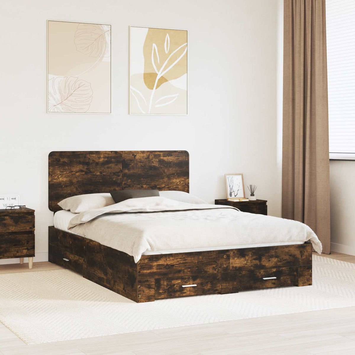 Bed Frame Drawer Engineered Wood Smoked Oak