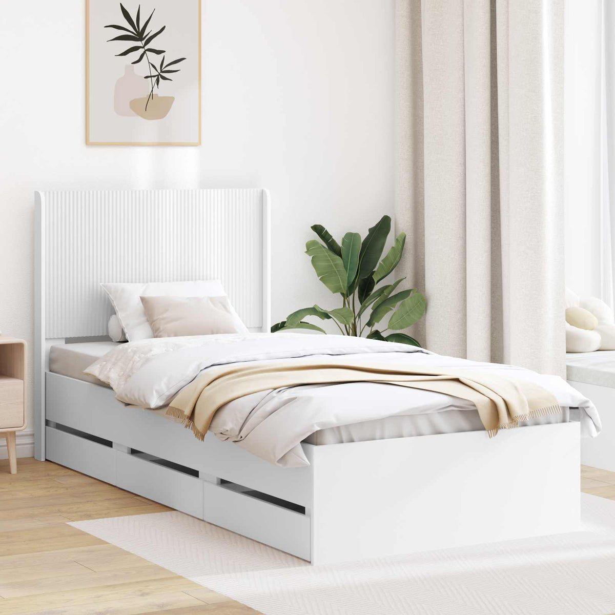 Bed Frame with Storage and Headboard Length 200 cm White 90 cm