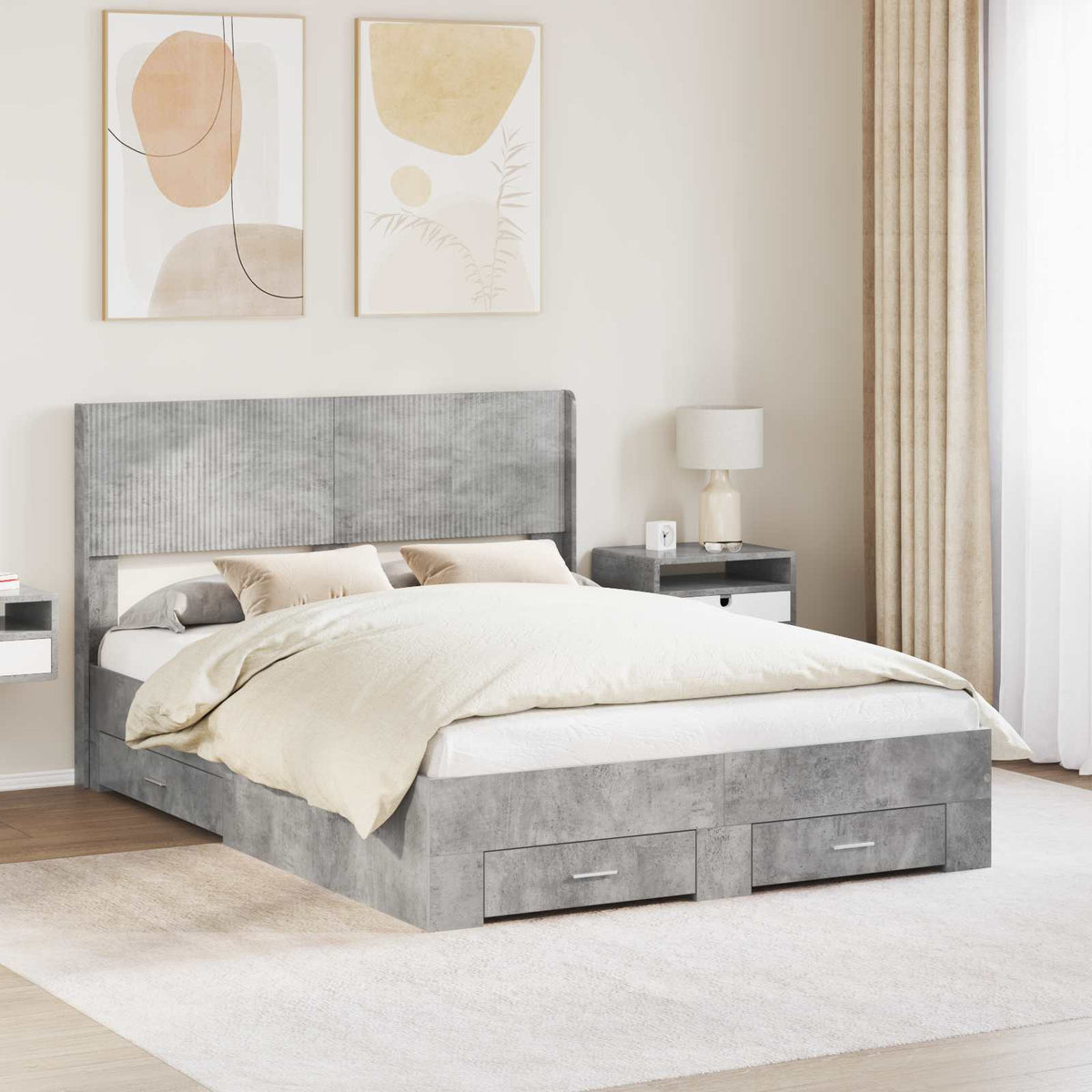 Bed Frame with Storage and Headboard 140 x 190 cm Concrete grey