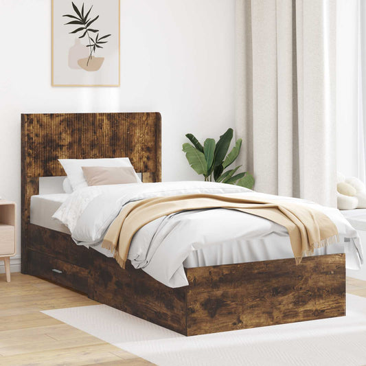Bed Frame with Storage and Headboard Length 200 cm Smoked Oak 100 cm