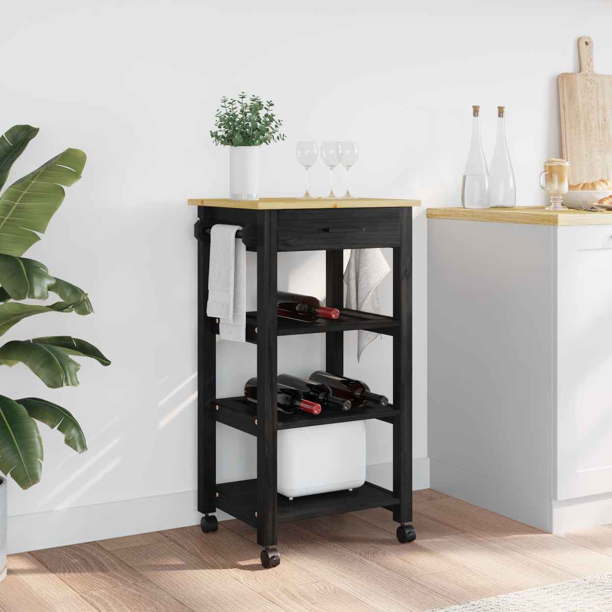 Kitchen Trolley MONZA Solid Pine Wood Black 48 x 40 x 88.5 cm