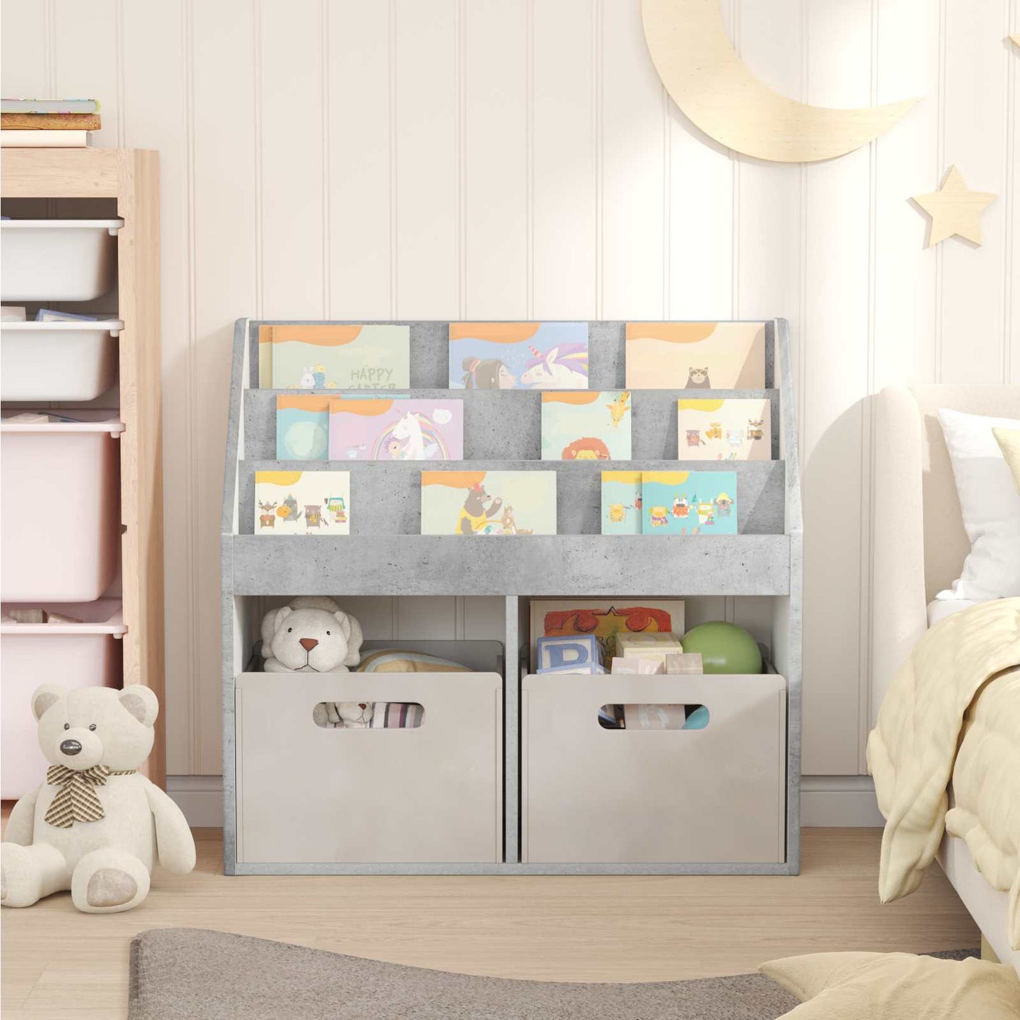 vidaXL Kids Bookshelf with Storage Concrete Grey 72.5 x 29.5 x 69 cm 4