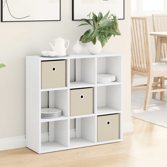 vidaXL Sideboard White with nine cube storage compartments and three beige fabric boxes