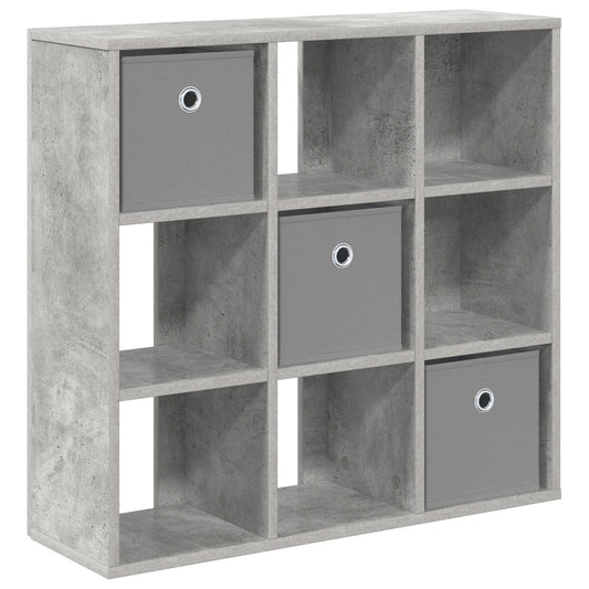 the sideboard with a concrete effect finish and three grey storage boxes on a white background