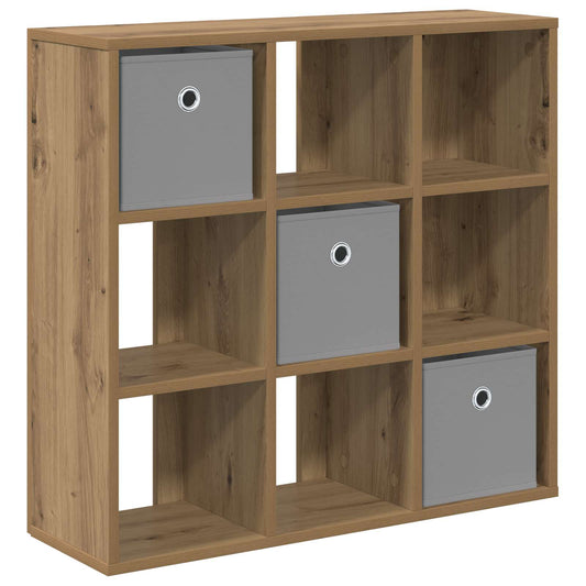 The cube storage unit with artisan oak effect finish and three grey fabric boxes