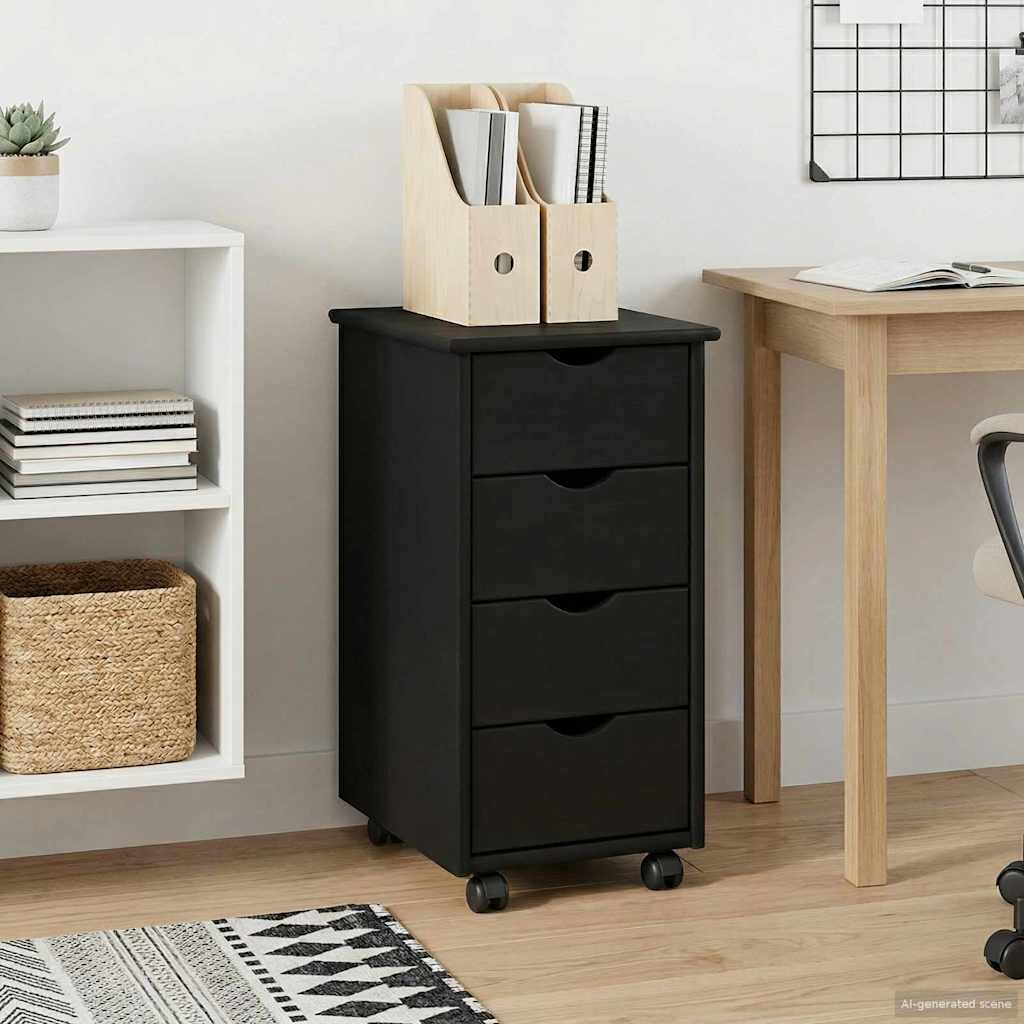 vidaXL Rolling Cabinet 34 x 39 x 65.5 cm Solid Pine Wood Black 1