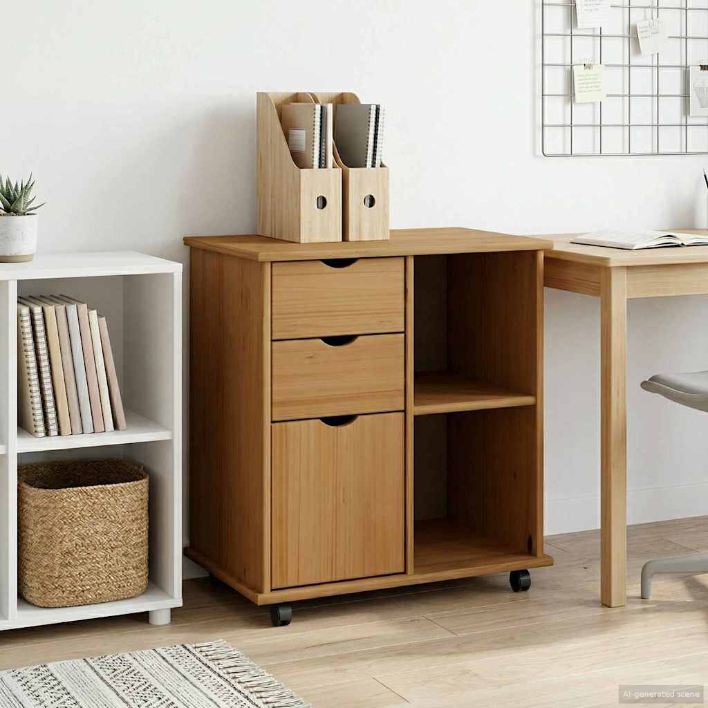 vidaXL Rolling Cabinet 63.5 x 39 x 65.5 cm Solid Pine Wood Honey Brown 1