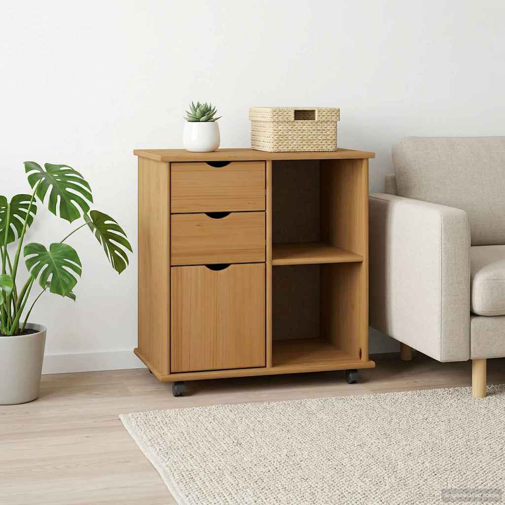vidaXL Rolling Cabinet 63.5 x 39 x 65.5 cm Solid Pine Wood Honey Brown 3