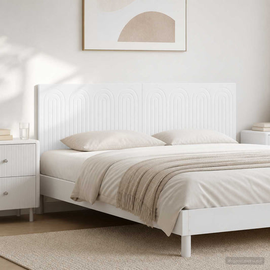 vidaXL Wall-Mounted Headboard ALKMAAR White Engineered Wood shown in a bedroom setting with a bed and bedside table