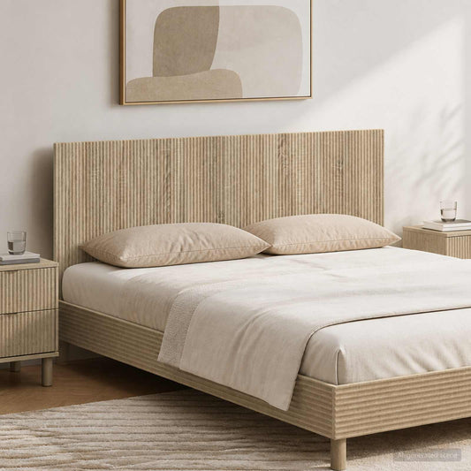vidaXL Wall-Mounted Headboard ARNHEM Sonoma Oak Engineered Wood mounted above a double bed in a bedroom