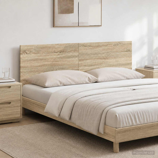 vidaXL Wall-Mounted Headboard HAARLEM Sonoma Oak Engineered Wood shown fitted to a bed in a bedroom setting