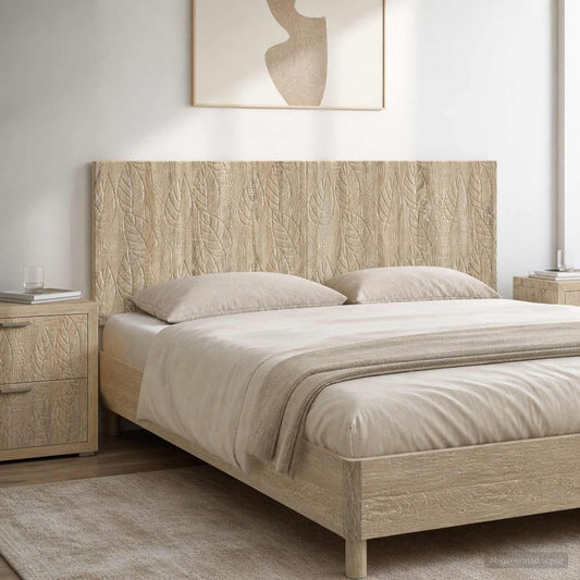 vidaXL Wall-Mounted Headboard DELFT Sonoma Oak Engineered Wood mounted above a double bed in a bedroom