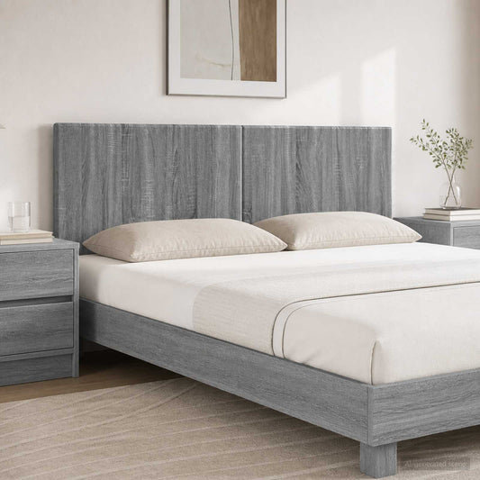 vidaXL Wall-Mounted Headboard BREDA Grey Sonoma Engineered Wood mounted above a double bed in a bedroom