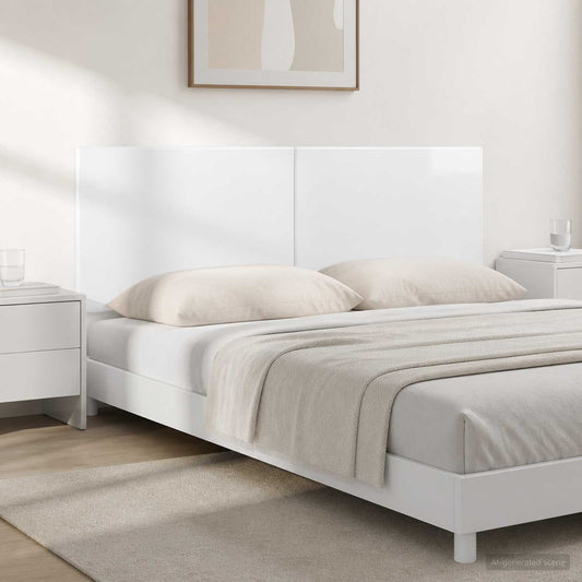 vidaXL Wall-Mounted Headboard BREDA High Gloss White Engineered Wood shown fitted to a bed in a bedroom setting