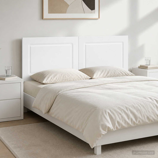 vidaXL Wall-Mounted Headboard UTRECHT High Gloss White Engineered Wood mounted above a double bed