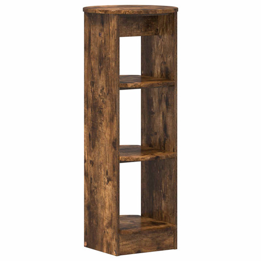 Smoked oak engineered wood side cabinet with three shelves, shown from the front