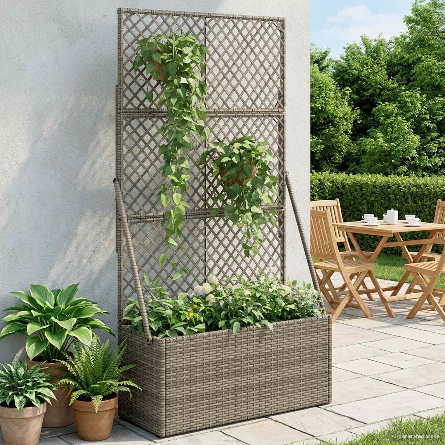 vidaXL Garden Planter with Trellis Grey 70 x 30 x 135 cm Poly Rattan 1