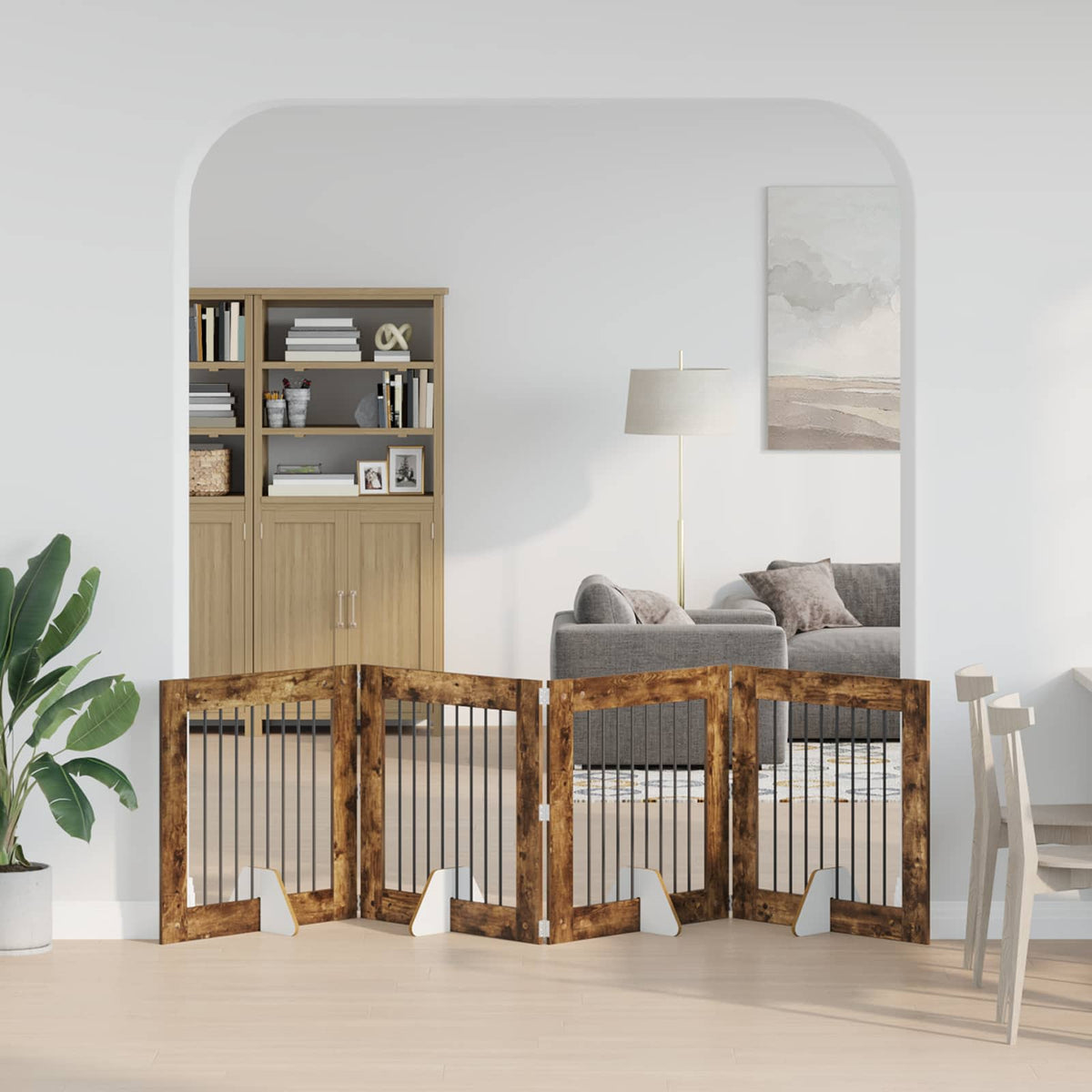 vidaXL Foldable Dog Gate with Stands 4 pcs Smoked Oak 321 cm 1
