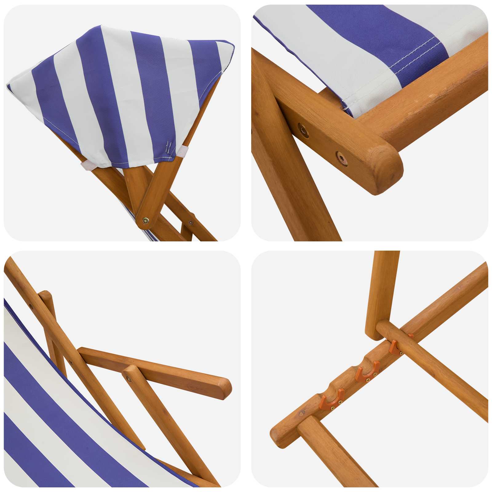 vidaXL Deck Chair 3 Position Solid Eucalyptus Wood Blue and White 5